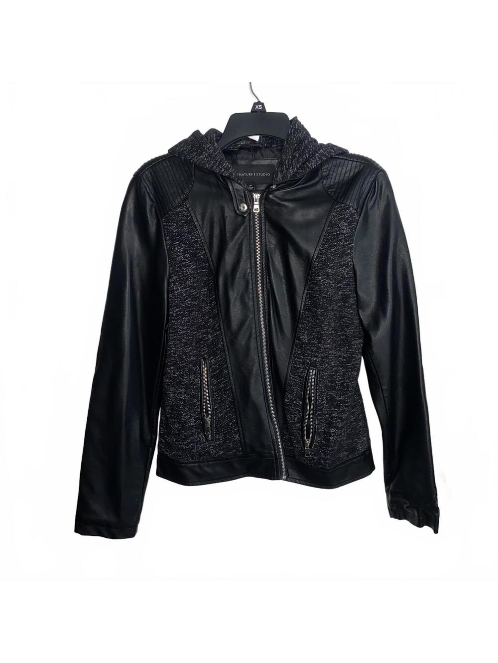 Signature Studio Faux Leather Moto Jacket Medium Black Hooded Zip Up